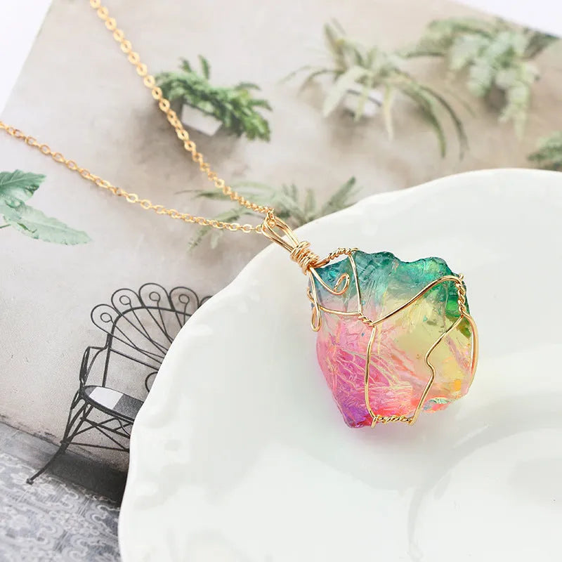 Natural rough-dyed rainbow quartz crystal pendant on alloy chain necklace, blue colour option