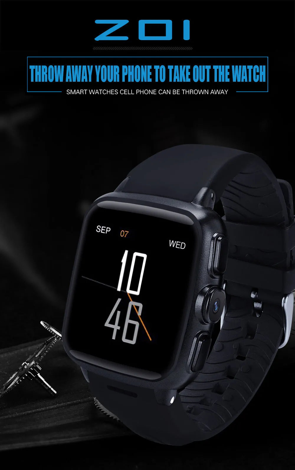 Z01smart watch with 1.54 inch touch screen shown in black and white colour options
