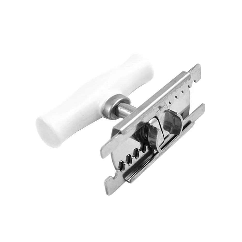 White adjustable stainless steel bottle opener with PP handle showing gear mechanism