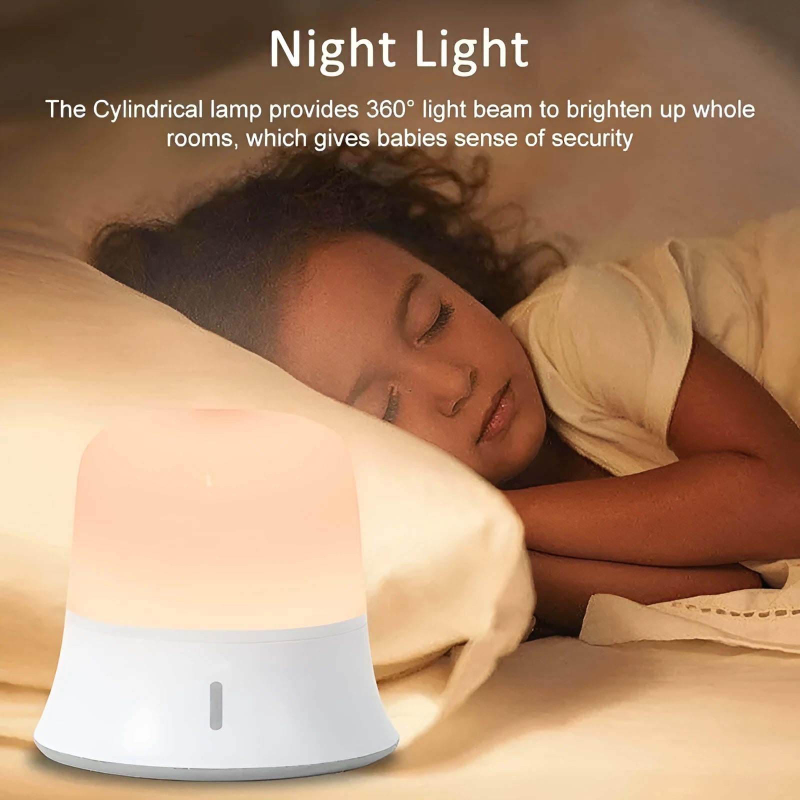 White rechargeable touch-control bedside night light with motion sensor on a table.