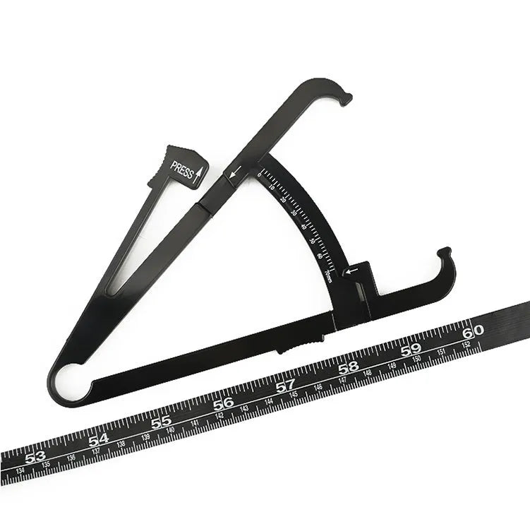 Black body fat measuring instrument with skin fold caliper and measurement tape