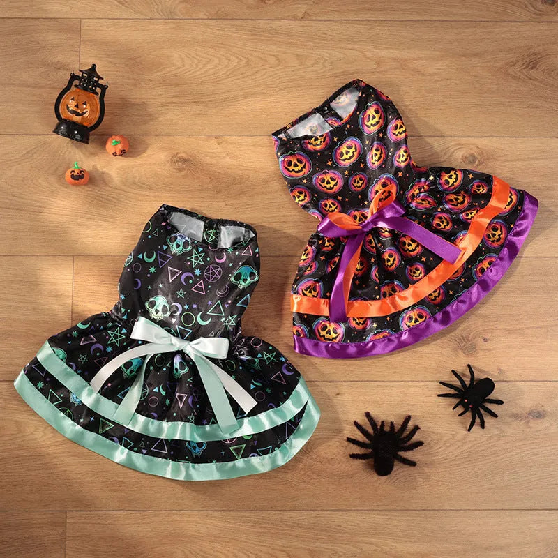 Halloween dog skirt with colourful pumpkin or skull design in polyester