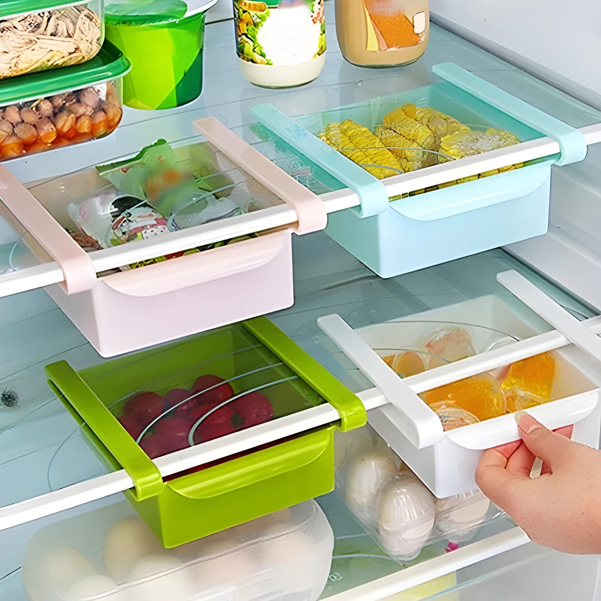 Hanging plastic refrigerator storage rack with clapboard design in various colour options