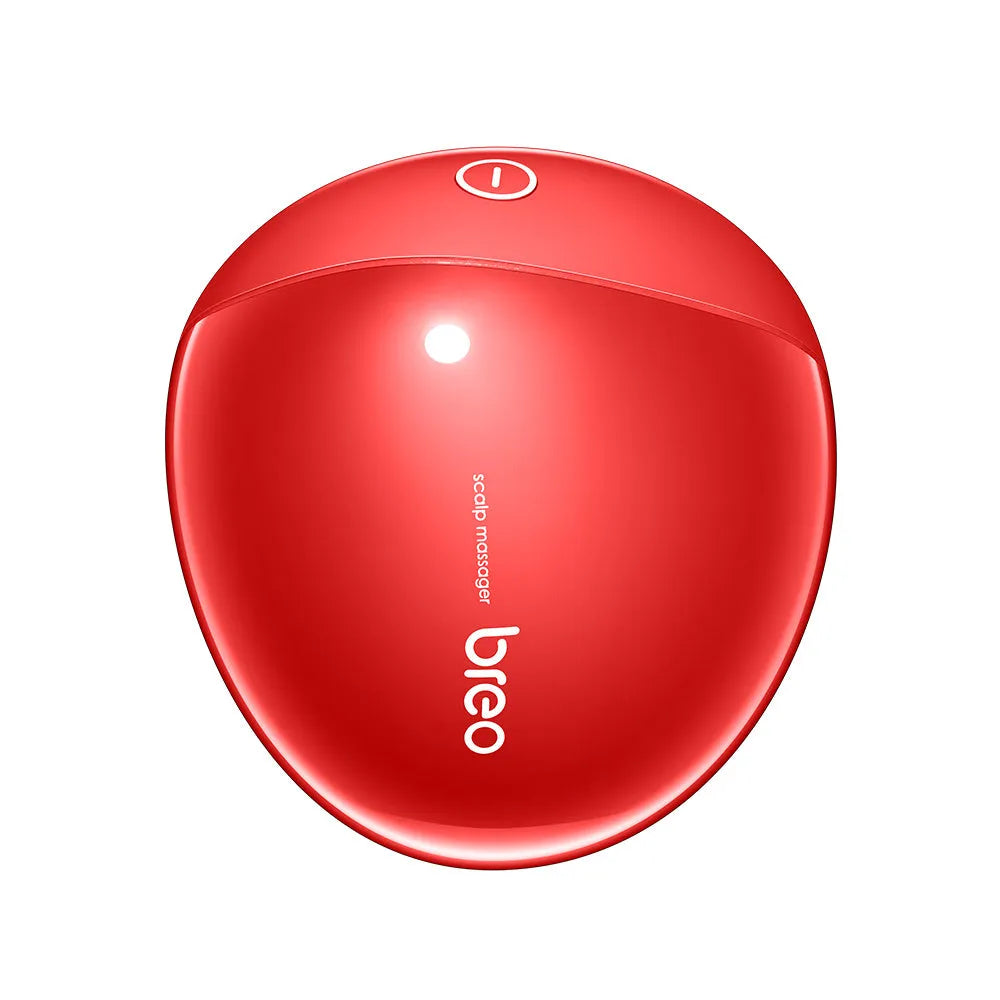 Red handheld electric scalp massager with silicone nodes, showing dimensions 110mm by 120mm.