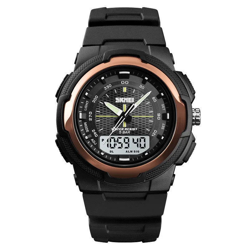 Men's electronic double display rubber watch with night light, week display, and alarm, round plastic case, stainless steel buckle