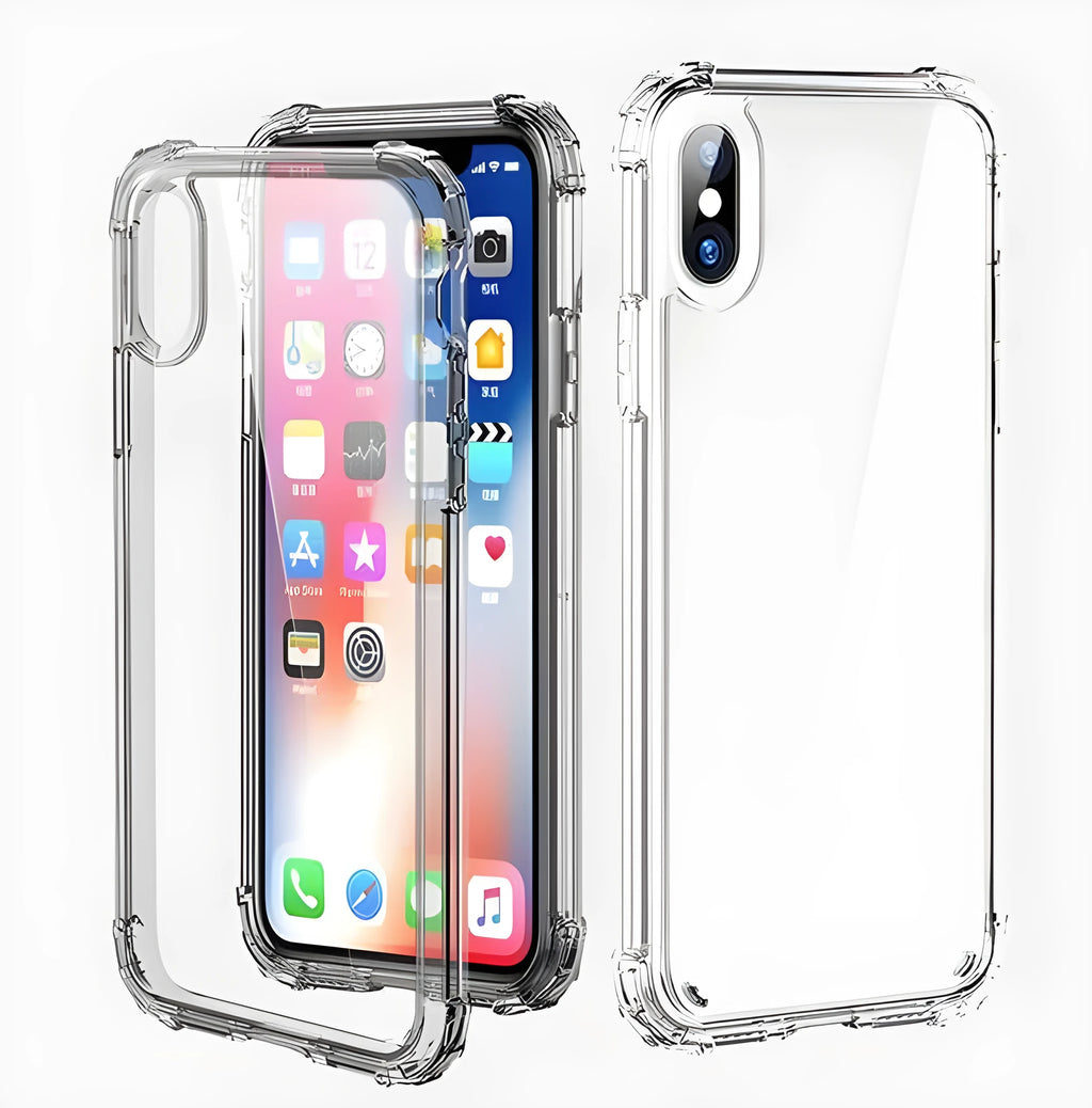 Transparent clear TPU shockproof case for iPhone on a table.
