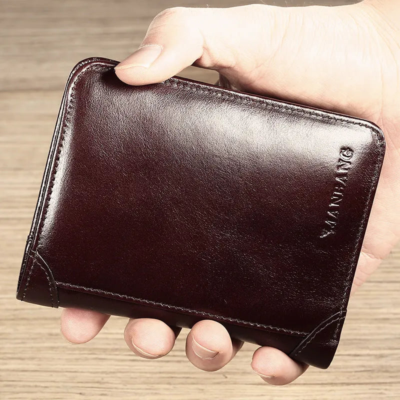 Men's black leather wallet open to show photo window, card slots, coin pocket and banknote folder.
