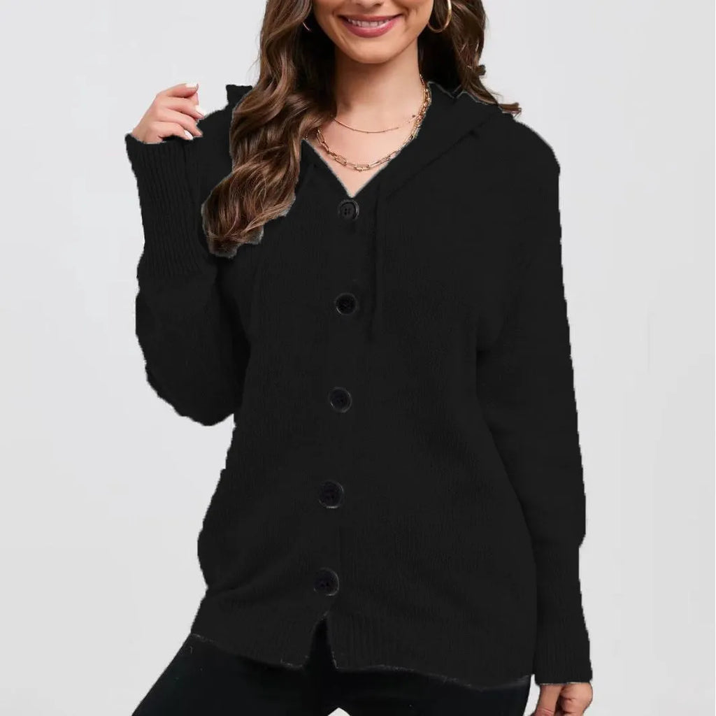 Women's thick cotton hooded cardigan sweater in a solid colour, shown with a loose fit and long sleeves.
