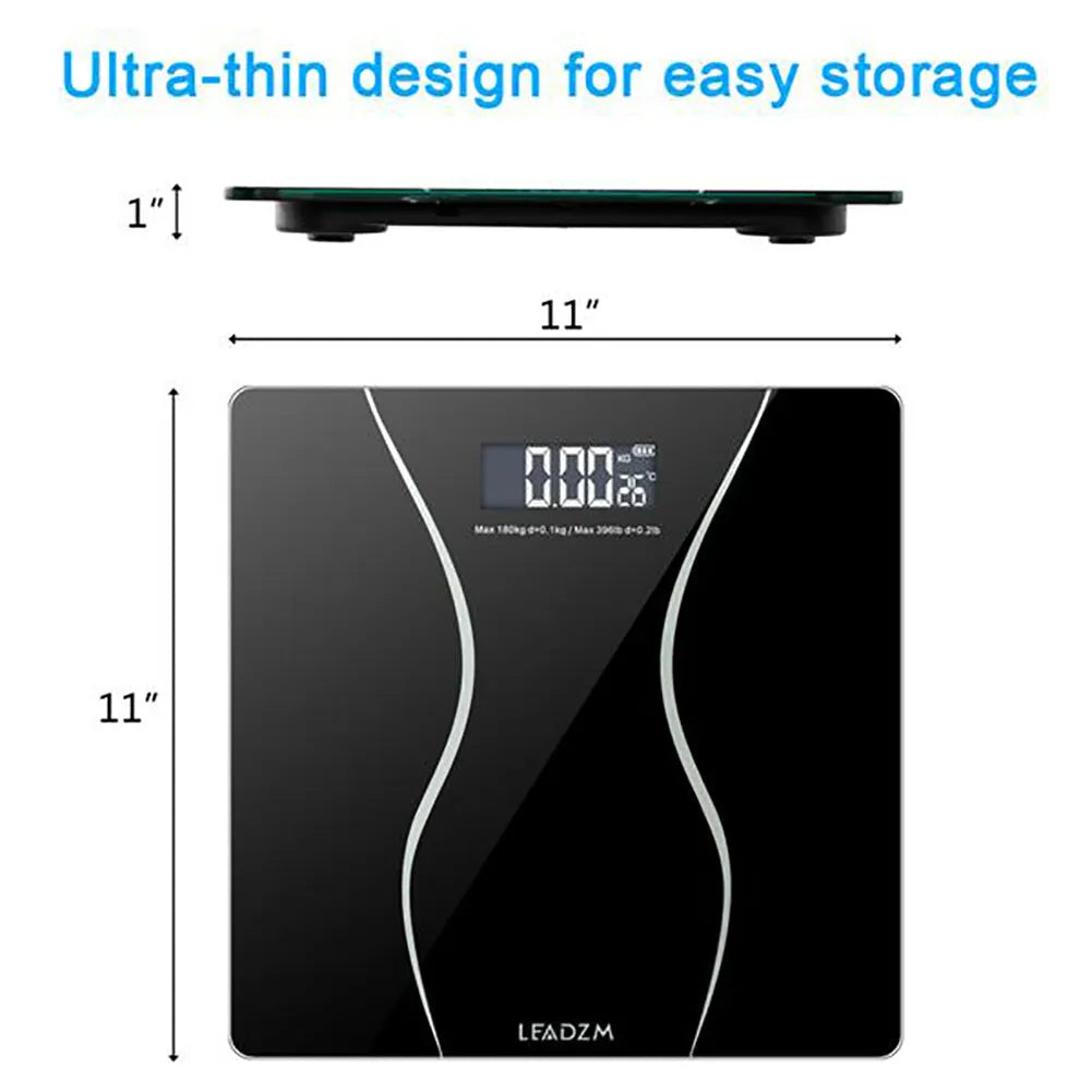 Black electronic bathroom scales with digital display showing weight measurement up to 180kg capacity