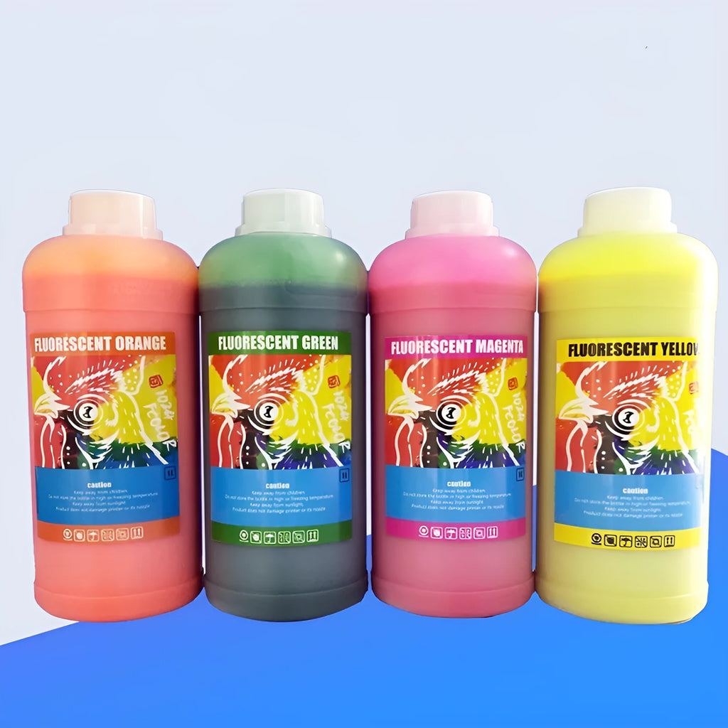 Bottle of fluorescent red pigment ink for PET film sublimation and screen printing.