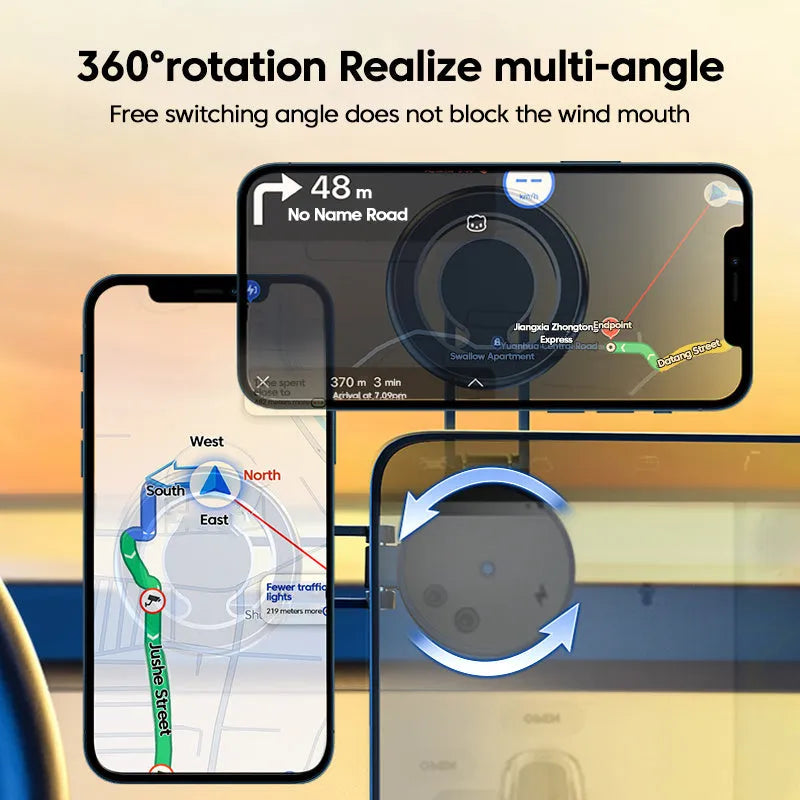 Telescopic folding magnetic car phone holder in black or silver mounted on a car dashboard.