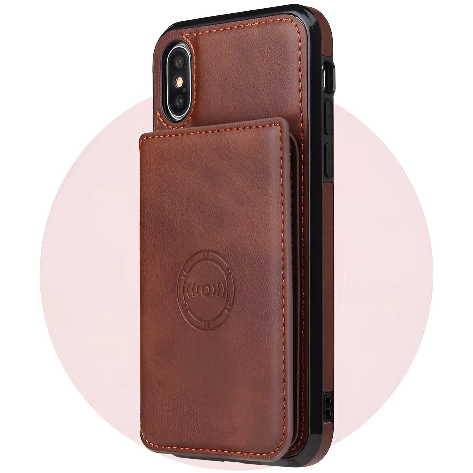 Imitation leather card wallet phone case for iPhone in solid colours including black, blue, and brown.