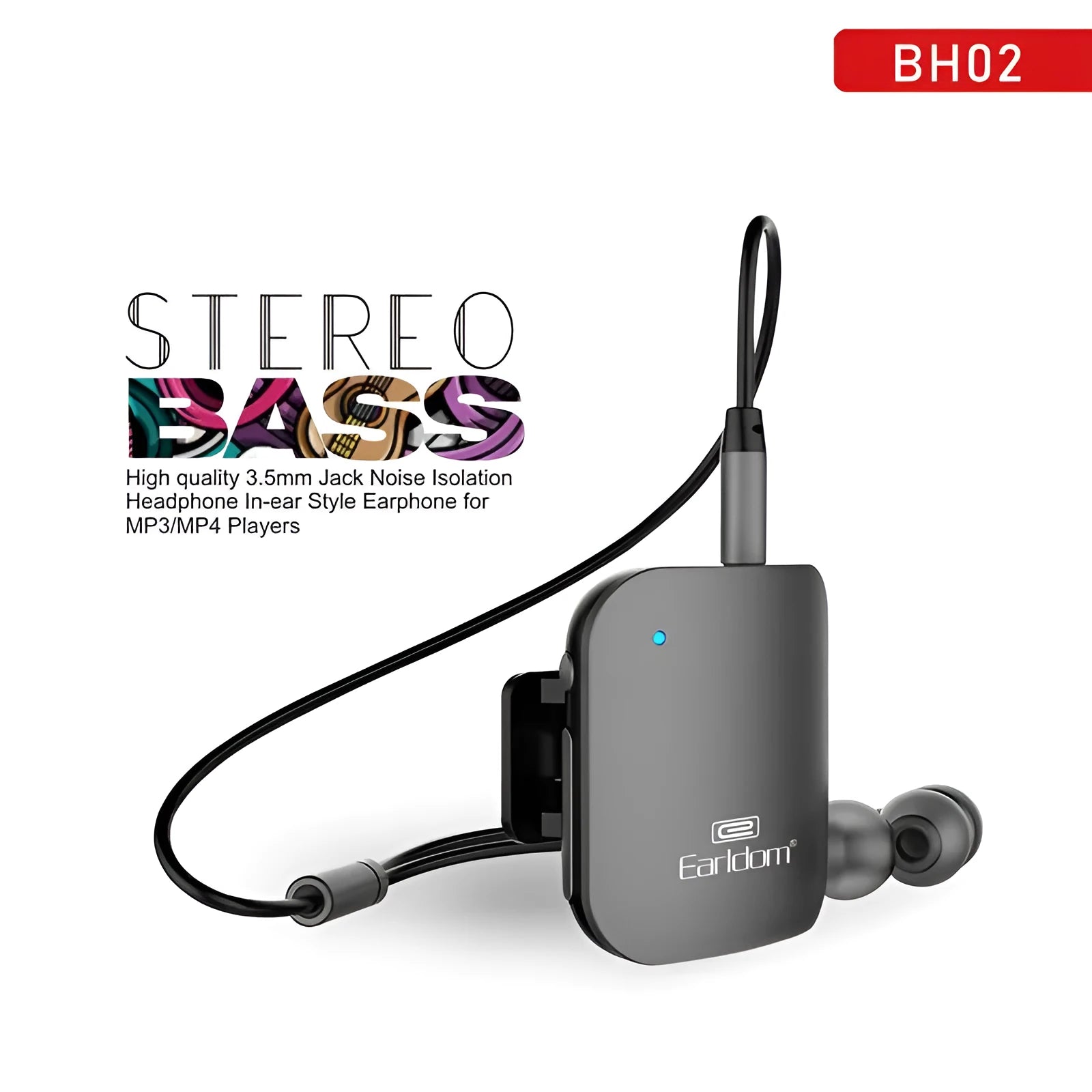 Black Bluetooth lavalier headset audio receiver unit with a 3.5mm headphone jack.