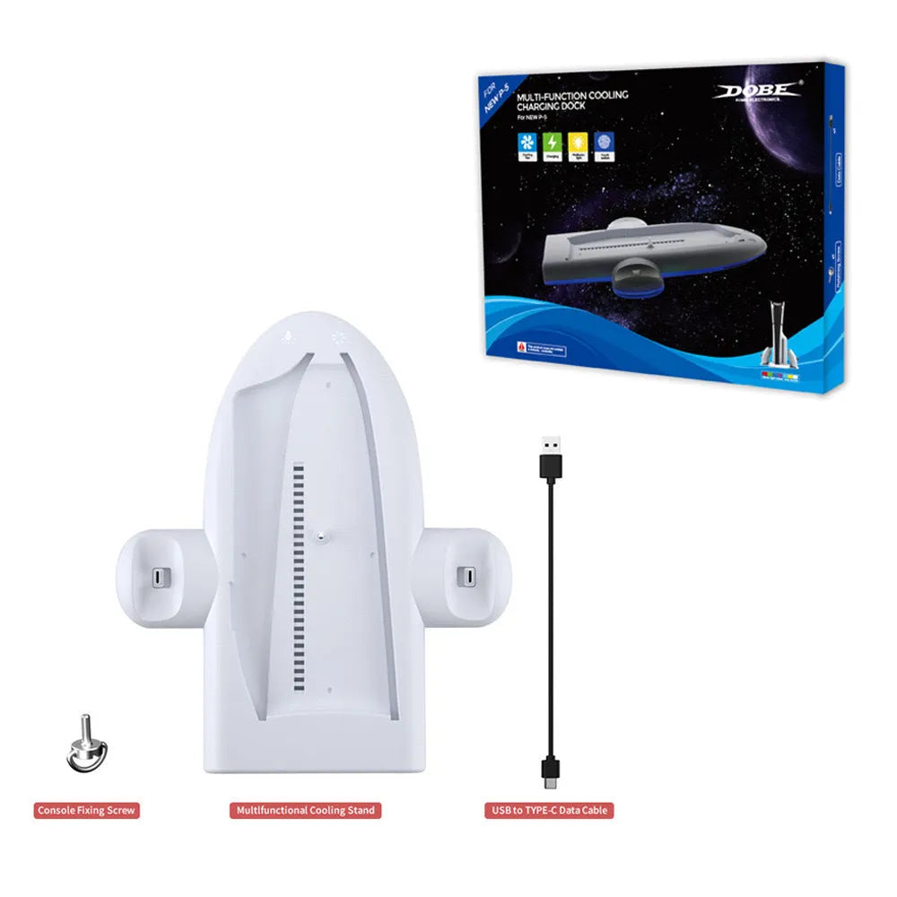 White PS5 Slim cooling and charging dock with RGB ambient lights and integrated fan.