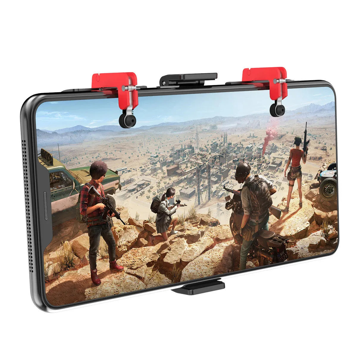 Black PG-9137 mobile phone gaming trigger stand with adjustable metal trigger and telescopic phone clip.