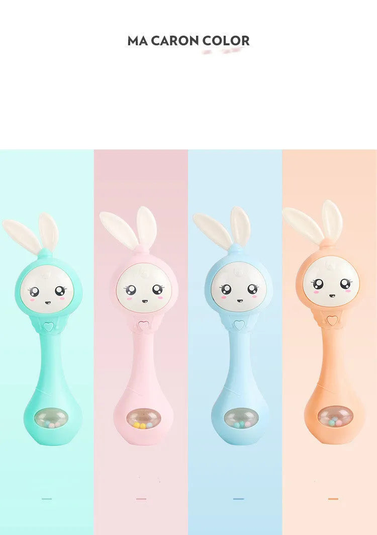 Baby molar music stick teether in light blue, mint green, orange or pink with chewable surface and electronic components