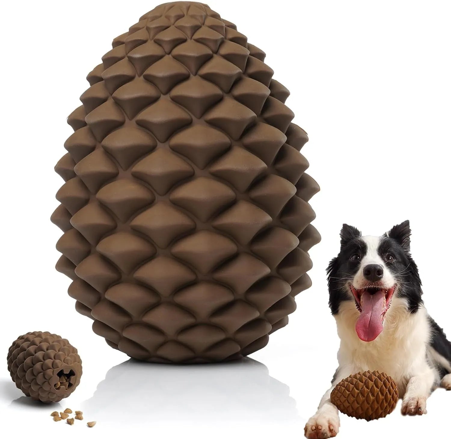 Yellow pine cone shaped natural rubber dog toy with treat dispenser for large dogs