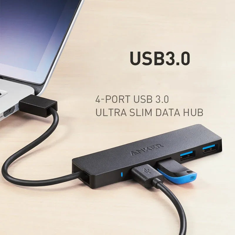 Black Anker 4-port USB 3.0 data hub with attached cable, showing four USB Type-A ports.