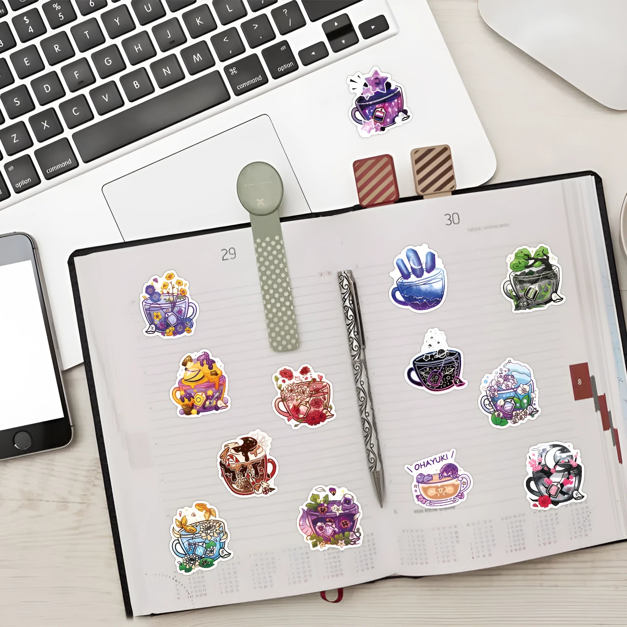Pack of 50 colourful tea cup design waterproof graffiti stickers for DIY decoration