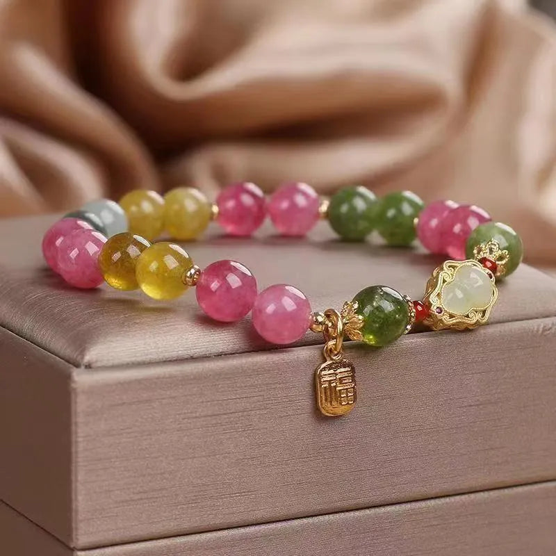 Colourful tourmaline gourd blessing card bracelet with flower design for women