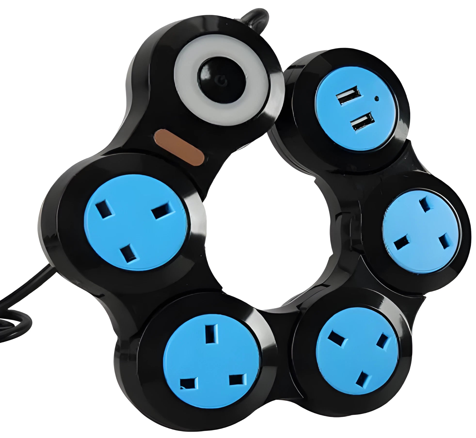 White UK 5-gang extension lead with rotating sockets and 2 USB charging ports on flame-retardant plastic housing