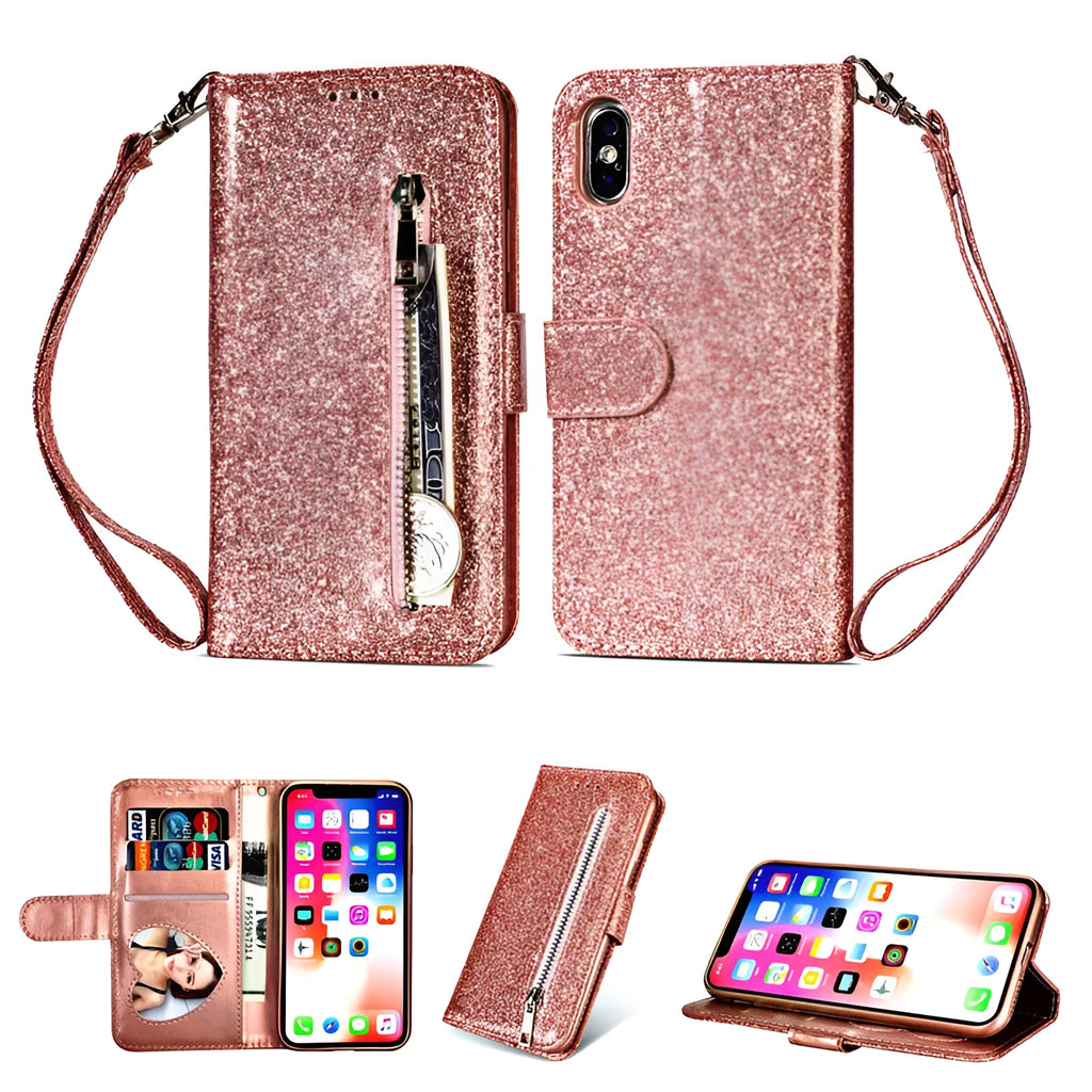 PU leather zipper closure phone case for iPhone in black, shown next to silver and rose gold options.