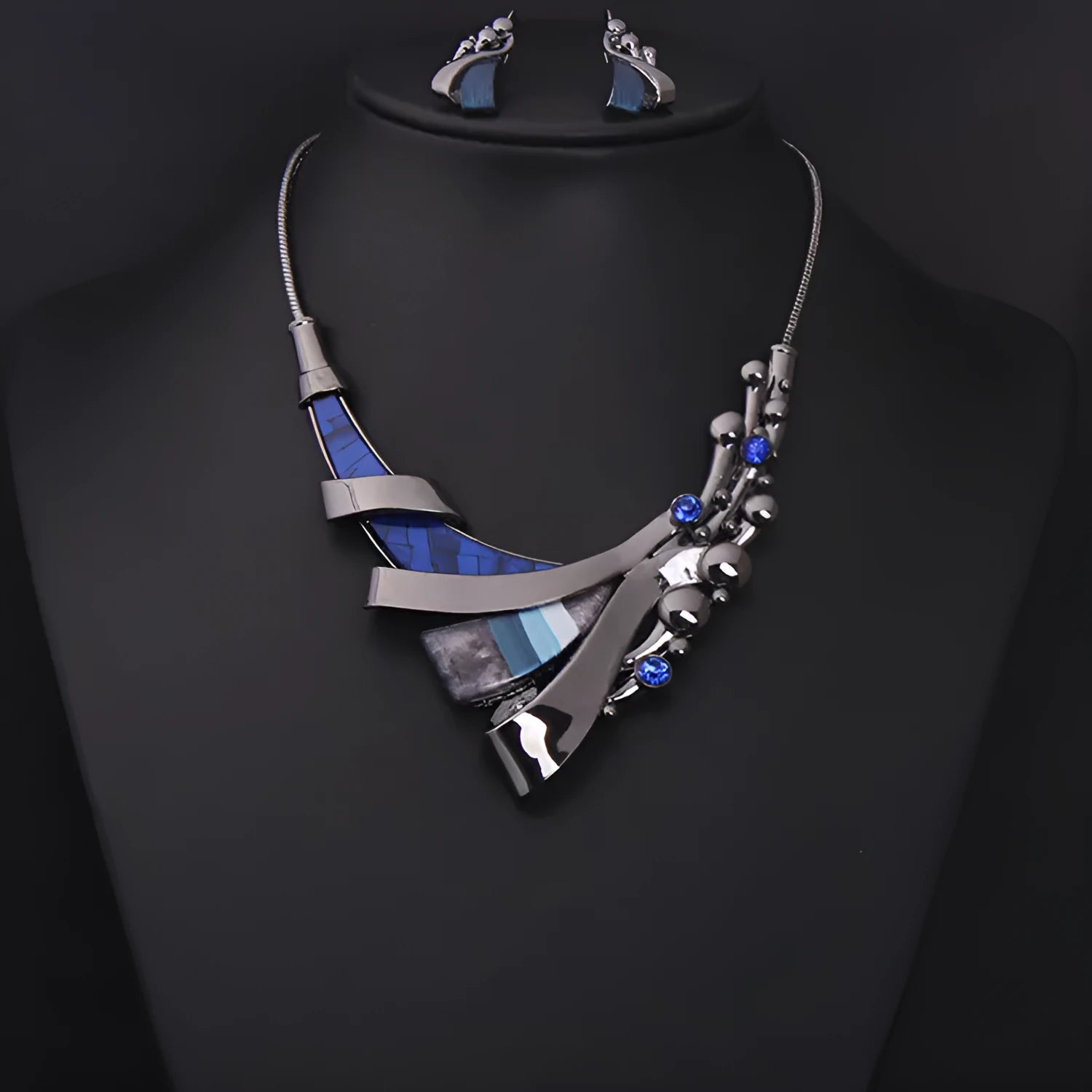 Blue geometric alloy clavicle necklace set for women, bride dinner, dress jewellery