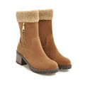 Snow boots with a rubber sole and plush lining, shown in black, grey, green, and orange.