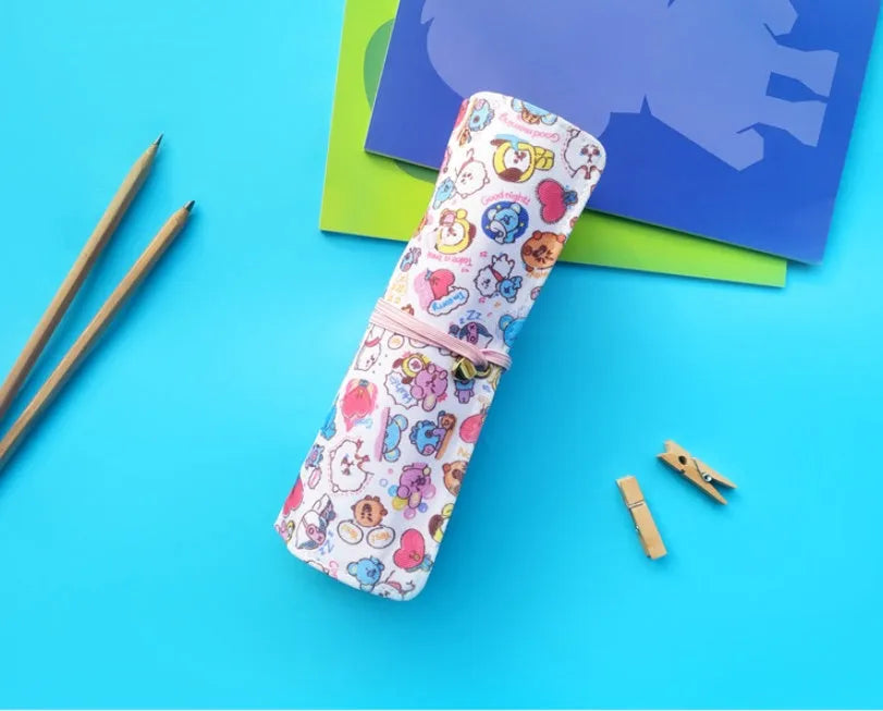 BT21 full colour printed canvas pencil case measuring 19.5x29cm for school stationery storage