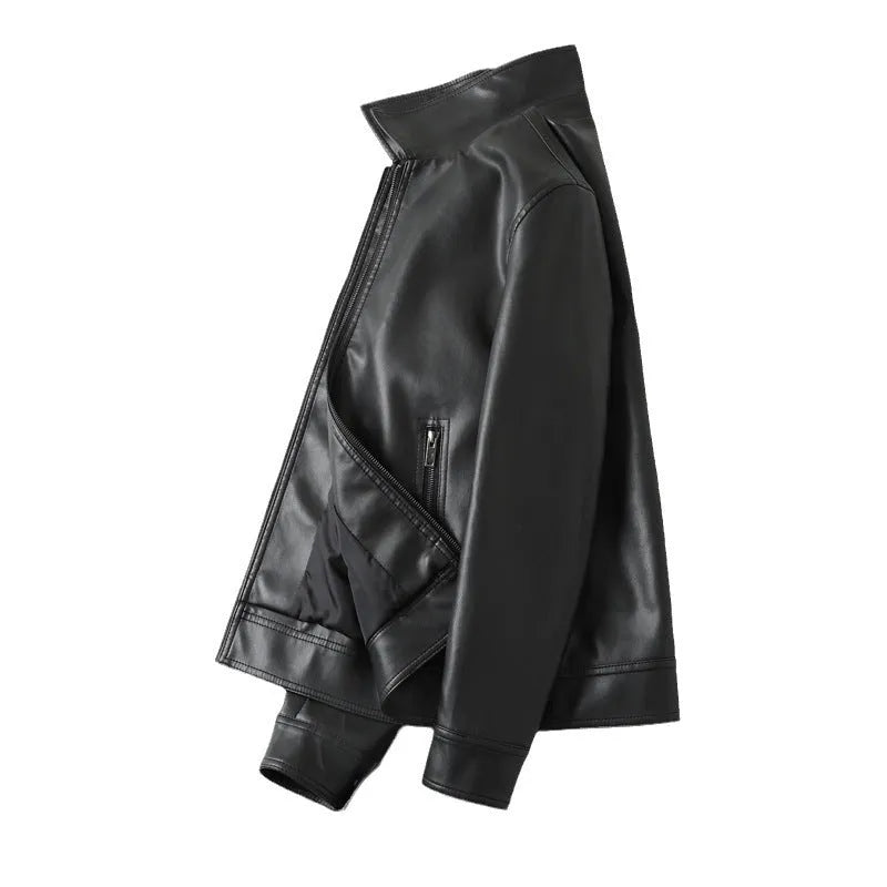 Men's black loose-fit casual PU leather jacket with zip pockets.
