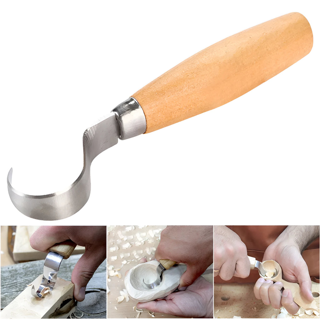 FastCraft curve carving knife with wooden handle and stainless steel blade for wood carving.
