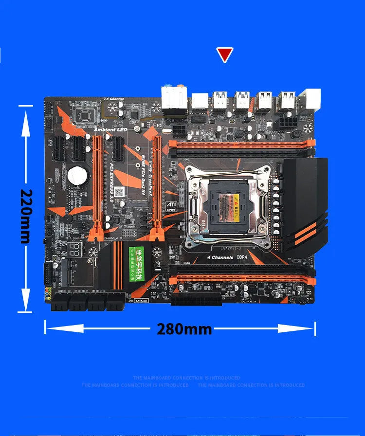 Black X99 computer motherboard with LGA2011-3 socket, four DDR4 slots, and dual PCI-E x16