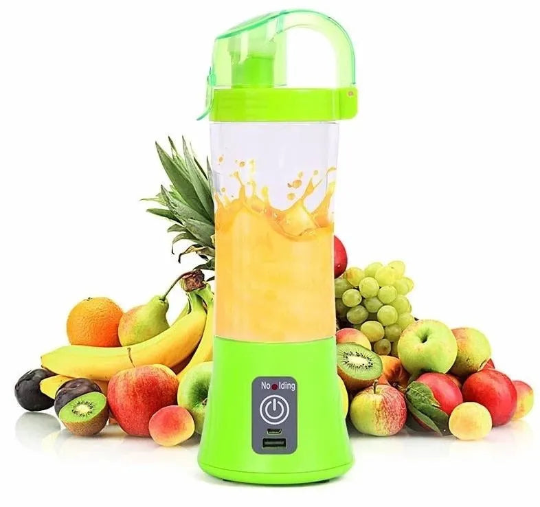 Blue handheld USB rechargeable fruit juicer with 400ml cup and 150W motor