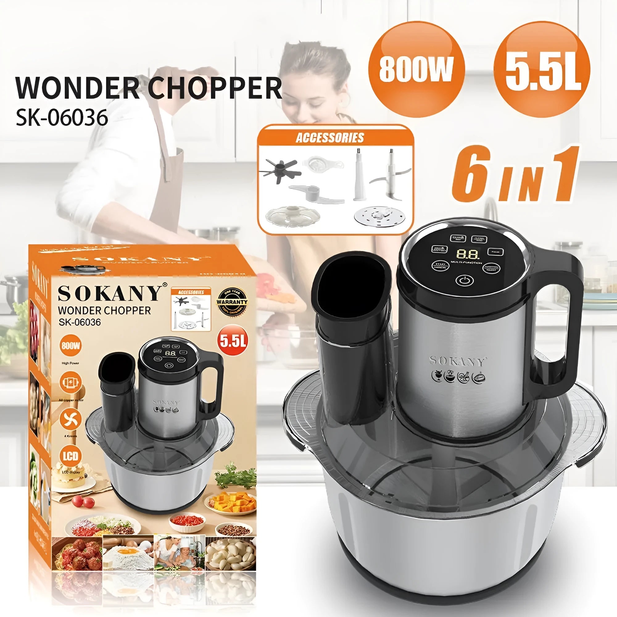 Stainless steel meat grinder with vegetable cutting functions, 5L capacity, model 06036 colour
