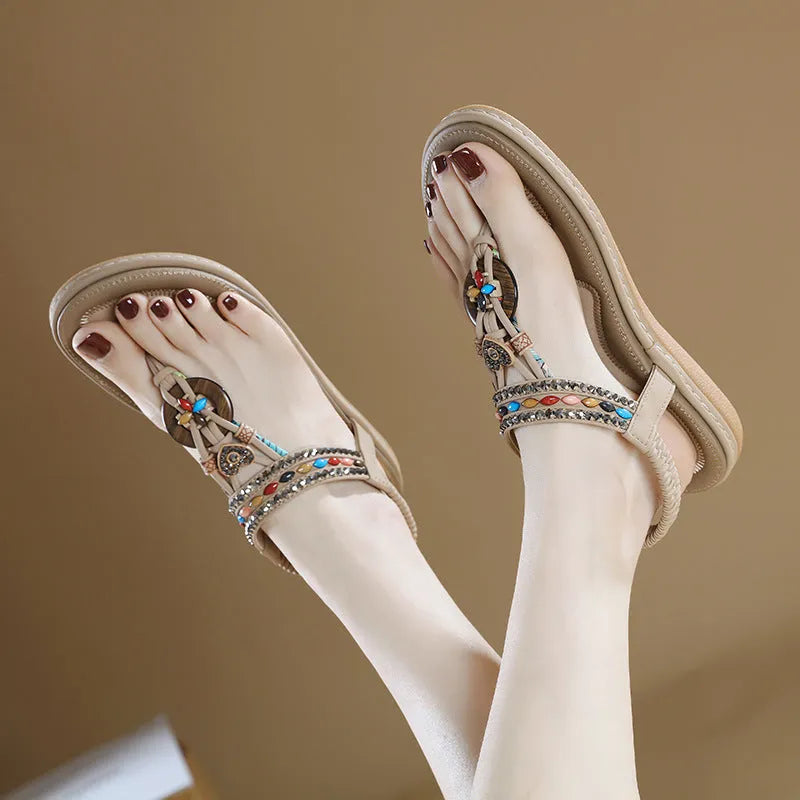 Women's rhinestone flip-flop sandals with leather lining and TPR sole in apricot, black, and khaki