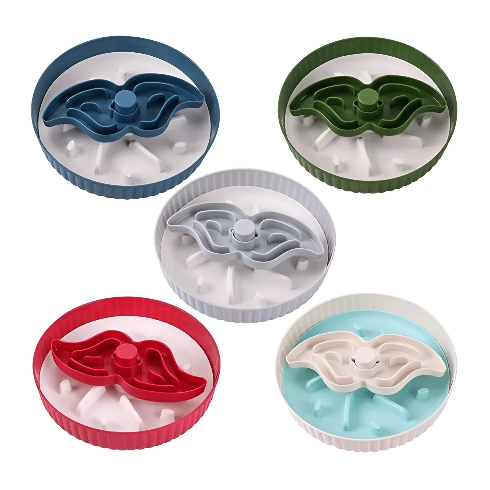 Pet food bowl with rotating game board and silicone anti-choke pad in multiple colour options