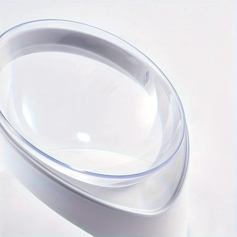 White elevated clear plastic cat food bowl with tilted design for anti-vomit feeding