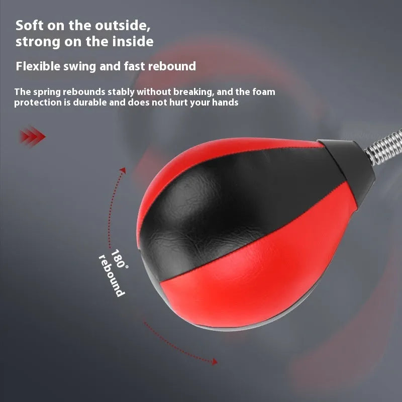 Red and black pear-shaped PU hanging speed ball with elastic band and suction cup mount for boxing training.
