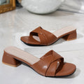Women's outdoor slippers with PU upper, square toe, mid heel, and rubber sole in black colour