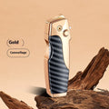 Zinc alloy metal folding knife lighter in a wood grain finish, showing both the closed tool and the unfolded blade.