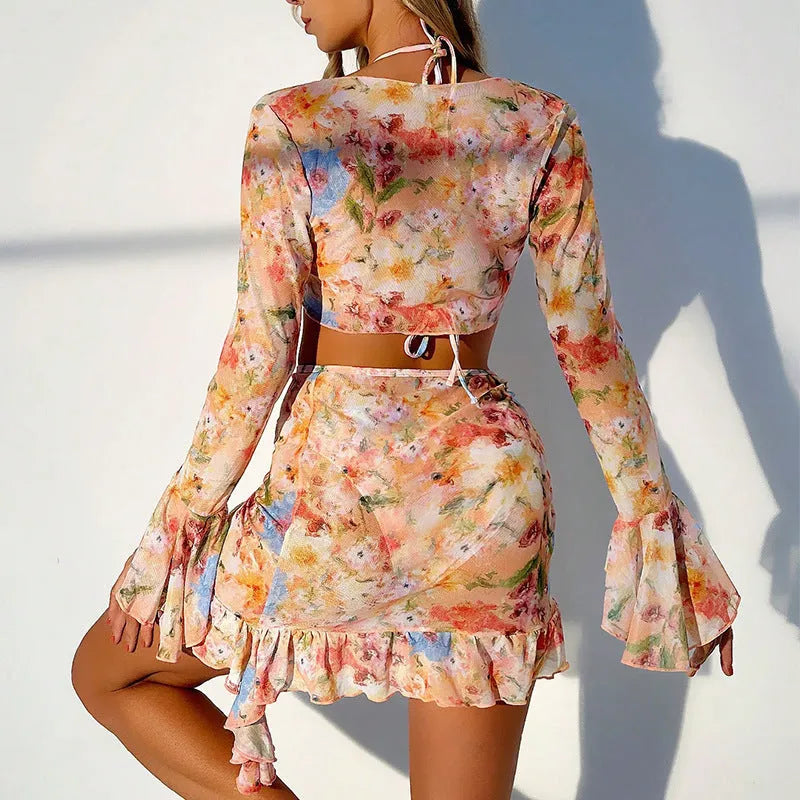 Women's bikini four-piece beach suit in printing colour polyester with conservative coverage, sizes XS to L