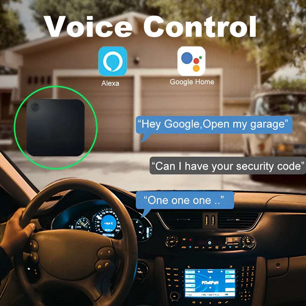 Black plastic smart garage door controller with WiFi and app for remote access and voice control.