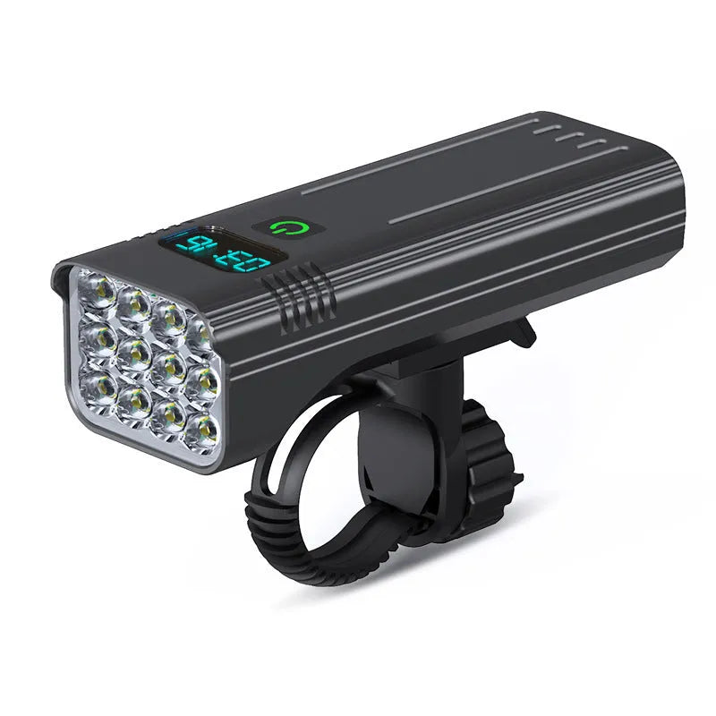 Black KX12DF digital display bicycle headlight with USB cable and quick-release mounting bracket.