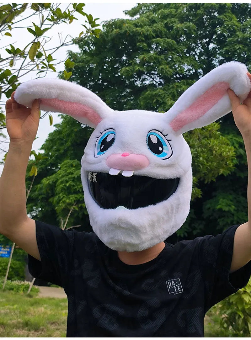 White rabbit head plush helmet cover for electric motorcycles on a helmet.