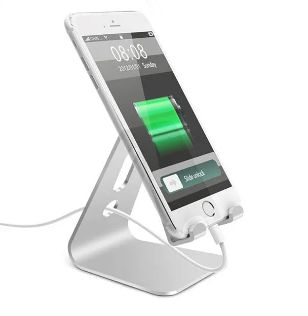 Aluminium universal phone and tablet stand in black, red, rose gold, and silver colour options.