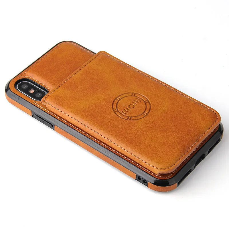 Imitation leather card wallet phone case for iPhone in solid colours including black, blue, and brown.