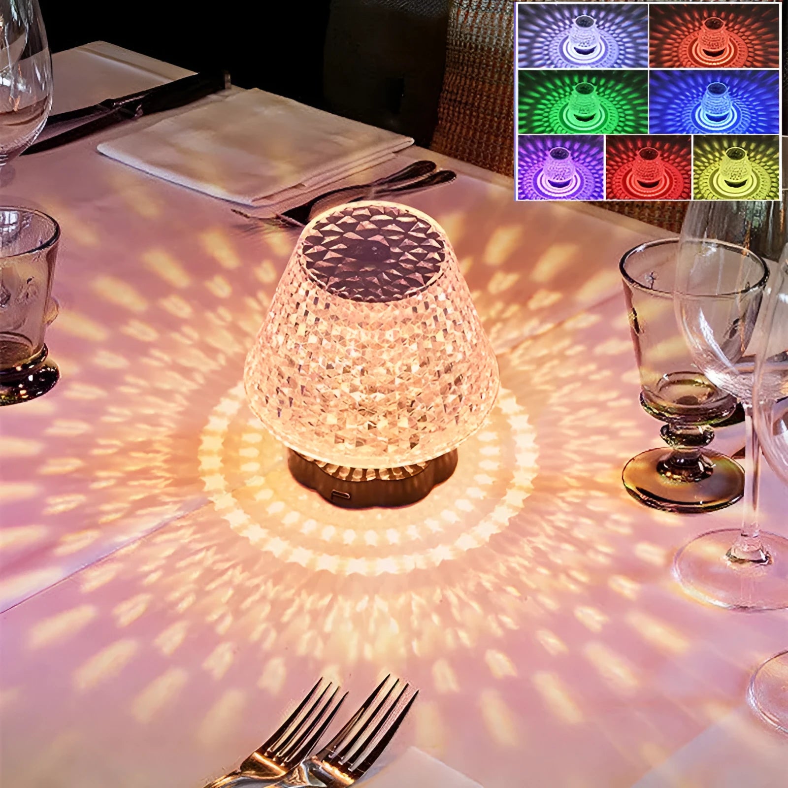 Crystal table lamp with touch base and LED lighting on wooden surface