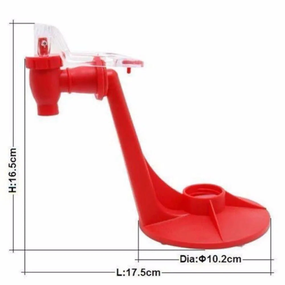 Red Magic Tap soda dispenser attached to inverted 2-litre bottle for push-button drink serving