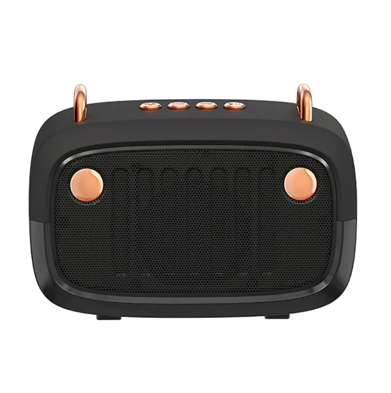 Compact portable black Bluetooth subwoofer speaker with USB port on a wooden table.