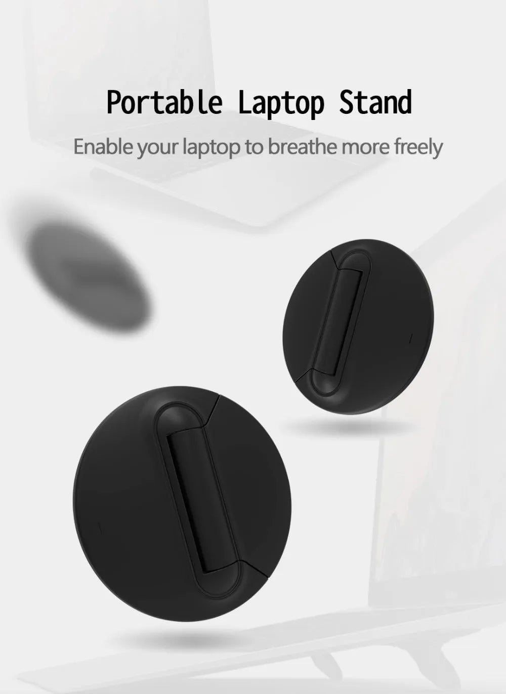 Two black ABS mini laptop stands on a desk, each 50x50x6.5mm, packaged as a 2-pack